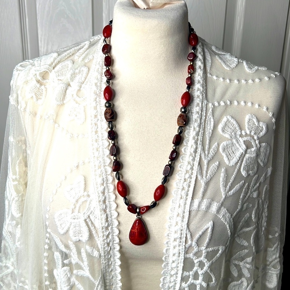 Red Jasper and Sterling Silver Necklace - Custom made - w/ wood embellishments